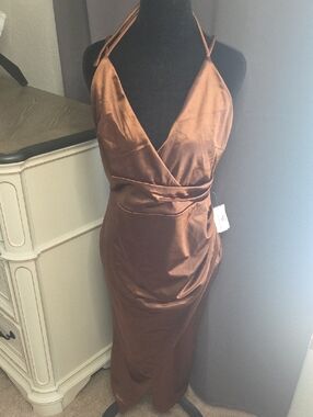 Windsor Copper Satin Halter Wrap Midi Dress
